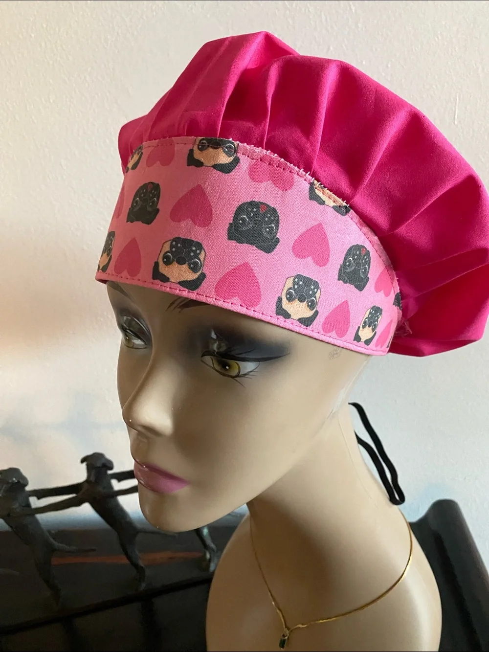 Pink Pug bouffant medical scrub hat with adjustable toggle